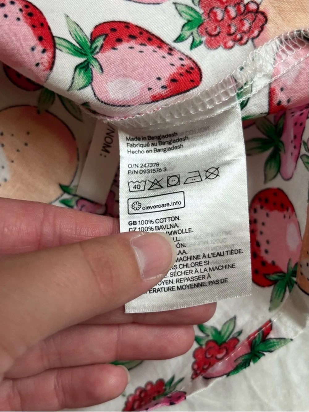 H&M Girls White Cotton Cottagecore Dress with Pink, Red & Peach Fruit AOP